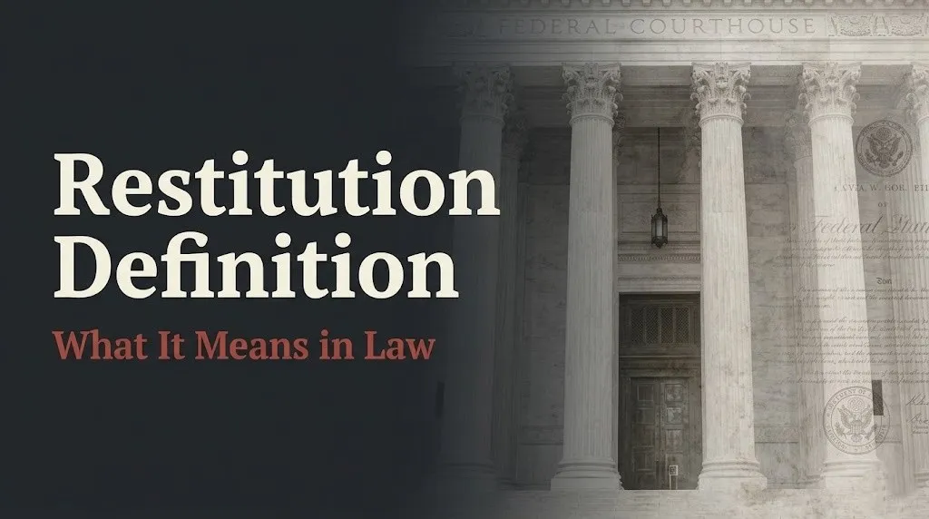 Restitution definition legal guide showing court order concept with federal courthouse architecture and legal document texture